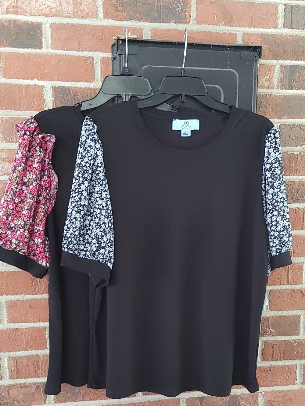 CeeCee Set of 2 Black with Floral Puff Sleeves Blouse Size XL